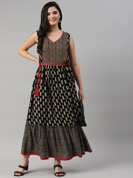 Ethnic Motif Printed A-line Dress - Indian Dress - K128d1 