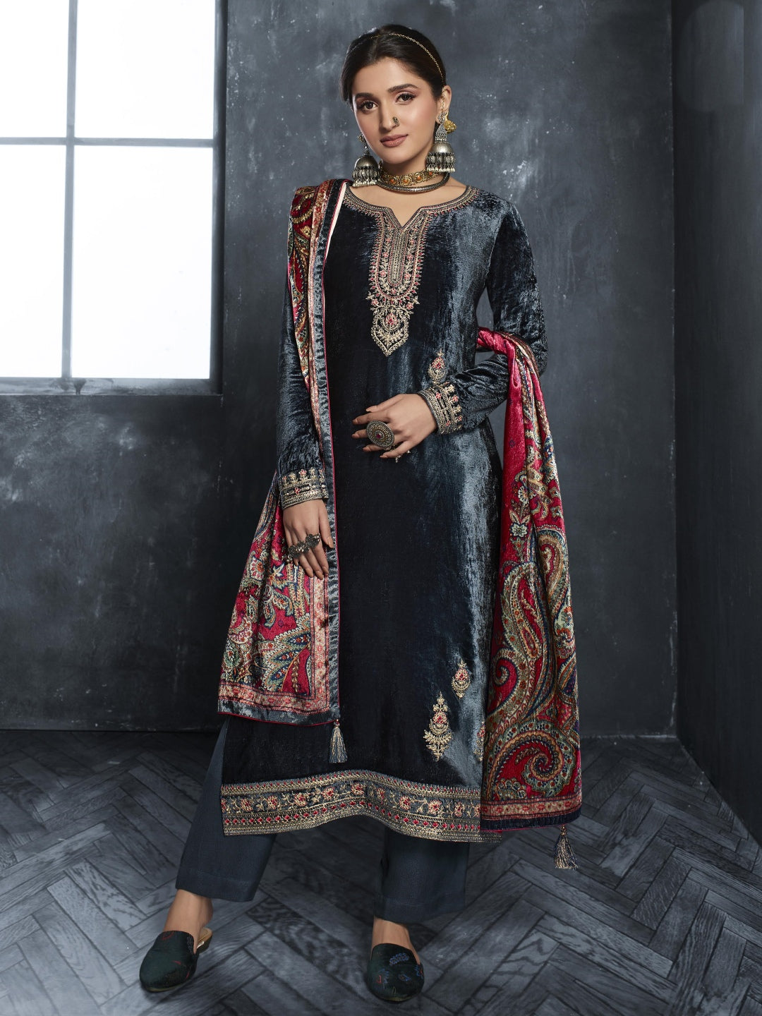 Velvet Embroidery Salwar Kameez - Indian Dress - C829C | Fabricoz USA