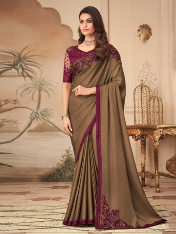 Light Brown and Mango Yellow Georgette Saree with Badla Work|Desically  Ethnic